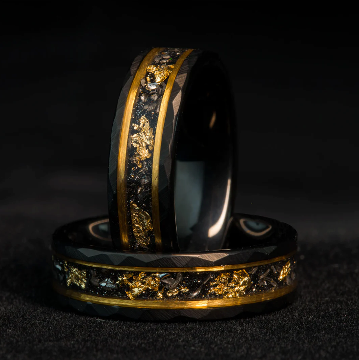 Gold Flake Black Tungsten Meteorite Ring + FREE Gift