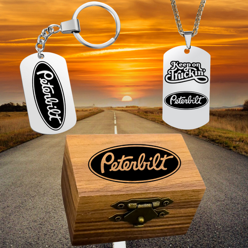Trucker Wood Box Set Includes Wood Box, Necklace and Keychain