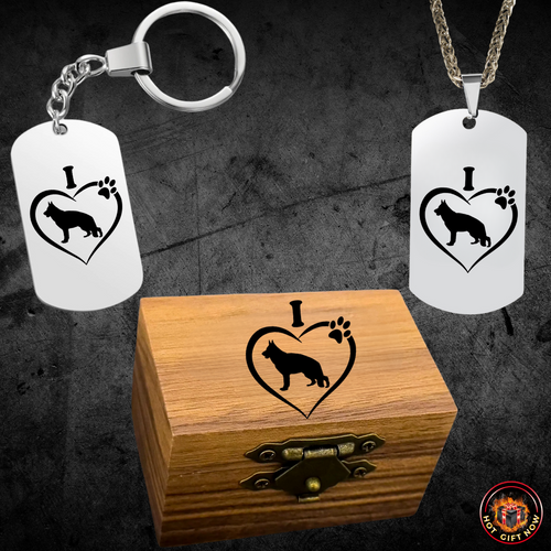 GSD Wood Box Set 🐾 Engraved Wood Ring Box + 18″ Silver Tag Necklace + Silver Keychain
