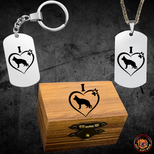 GSD Wood Box Set 🐾 Engraved Wood Ring Box + 18″ Silver Tag Necklace + Silver Keychain