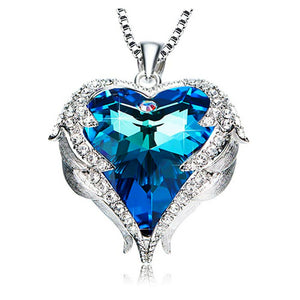 Today $100 Off! Silver Angel Wings Heart Crystal Pendant Necklace Made with Swarovski Crystals
